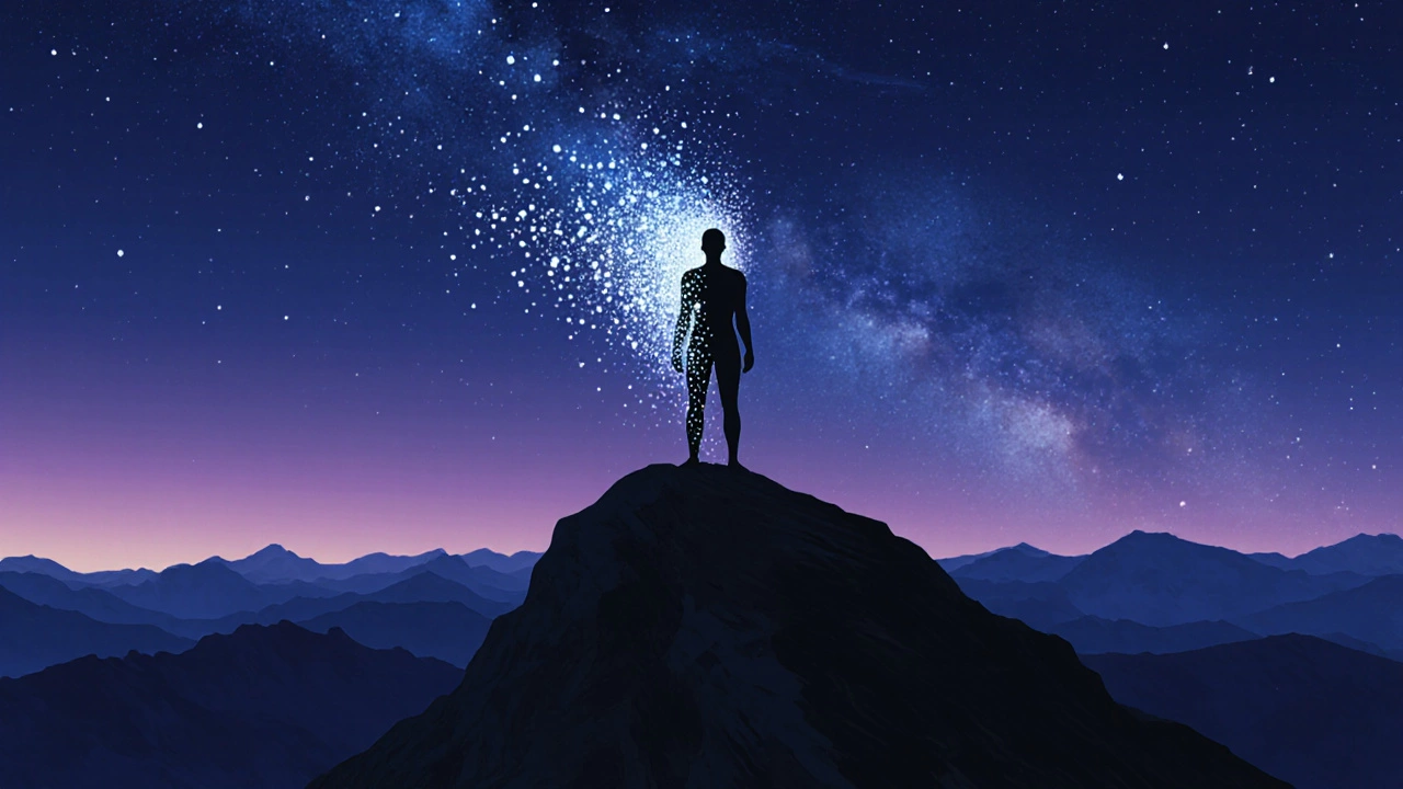 Фигура на вершине горы, светящиеся частицы поднимаются в небо.