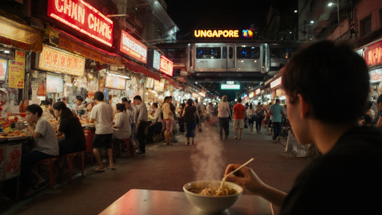 Night view of a hawker centre with neon lights, food stalls, and an MRT station nearby.