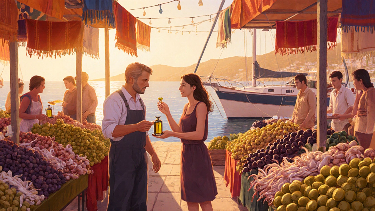 Рынок в Бодруме в сентябре с оливками, виноградом и жареной кальмаром.