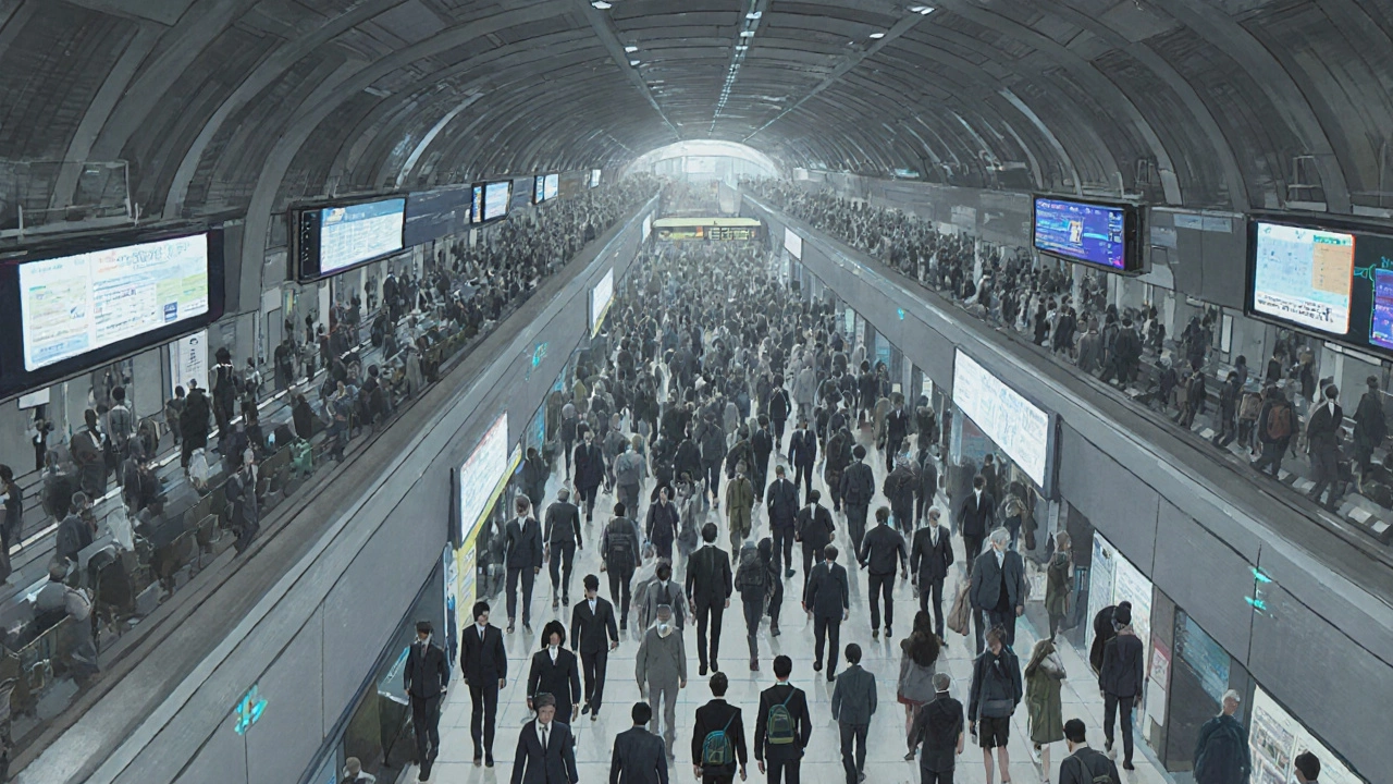 Шинджюку в час пик: тысячи людей движутся в унисон через станцию метро.