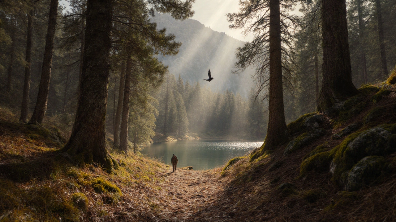Тихая лесная тропа в горах, солнечные лучи пробиваются сквозь ели.