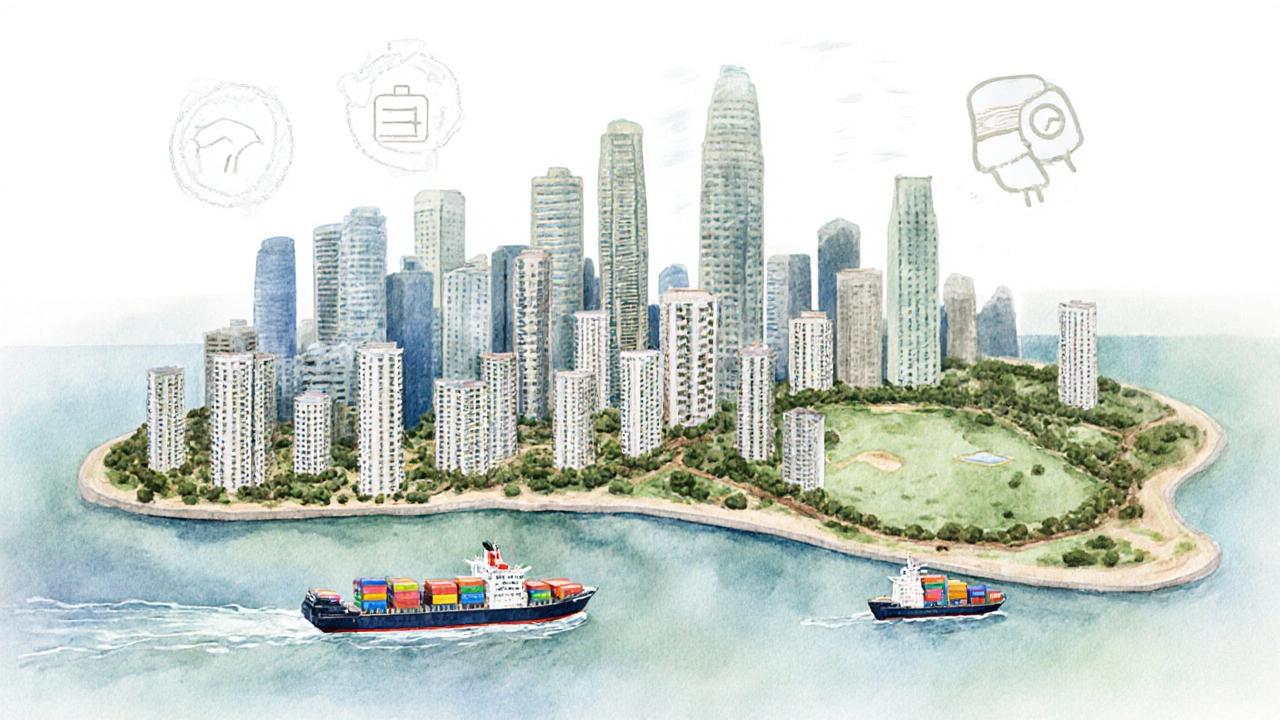 Watercolor map showing Singapore's dense buildings, cargo ships, and limited green space.