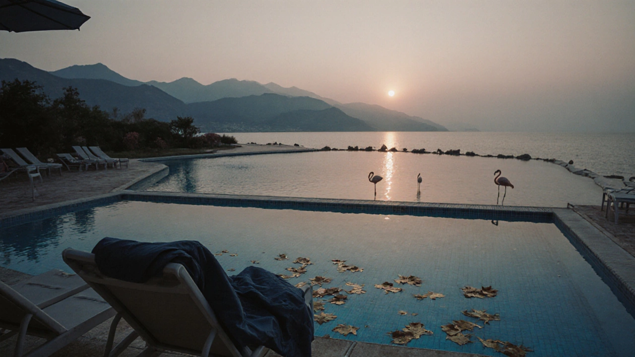 Закрытый курортный отель в Аланье в октябре с пустым бассейном и фламинго на фоне заката.