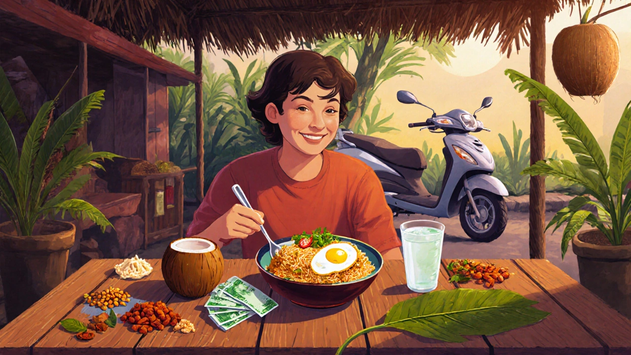 Американец ест уличную еду на Бали: наси горенг и кокосовая вода.