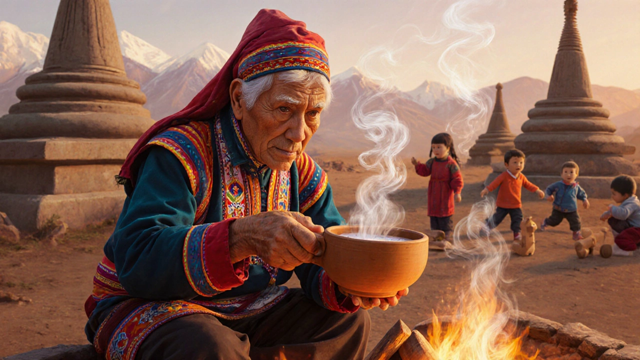 Бурятская старушка подает соленый чай с маслом у ступ, за ней — горы и дети.