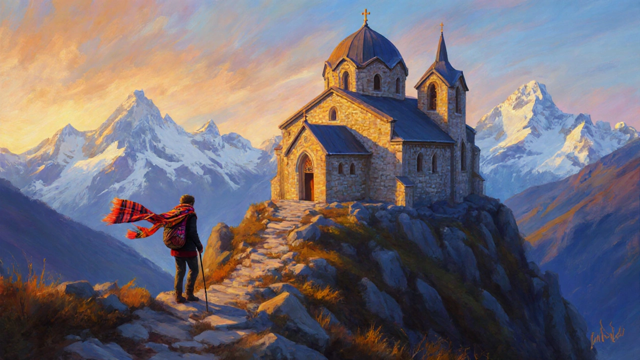 Церковь Трион в Грузии на горном хребте на рассвете, вид снизу с пешеходом.