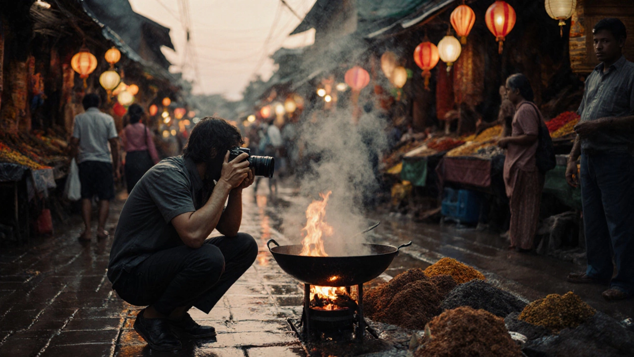 Фотограф снимает рынок в Камбодже при закате, отражая огонь в объективе.