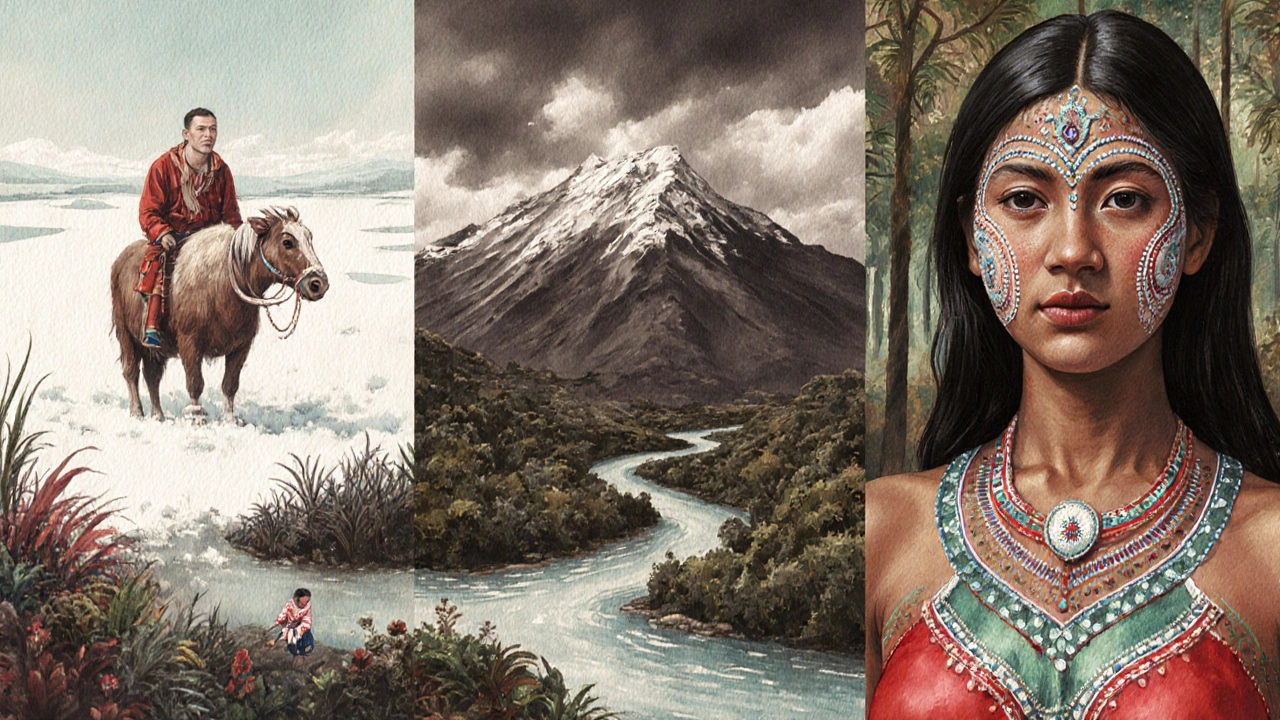 Художественная иллюстрация, показывающая эволюционное разнообразие народов Азии в разных ландшафтах.