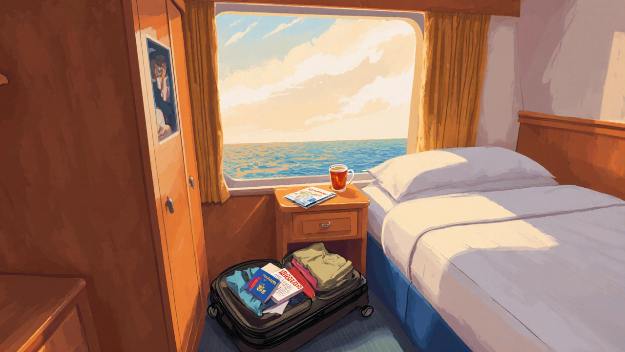 Каюты на круизном судне с двумя кроватями и окном на море.