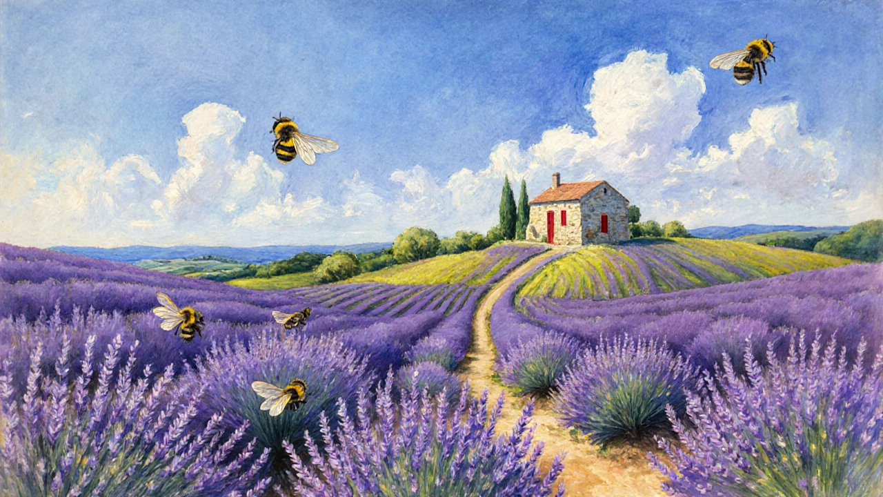 Лавандовые поля в Провансе при золотом свете, дорога и каменный дом.