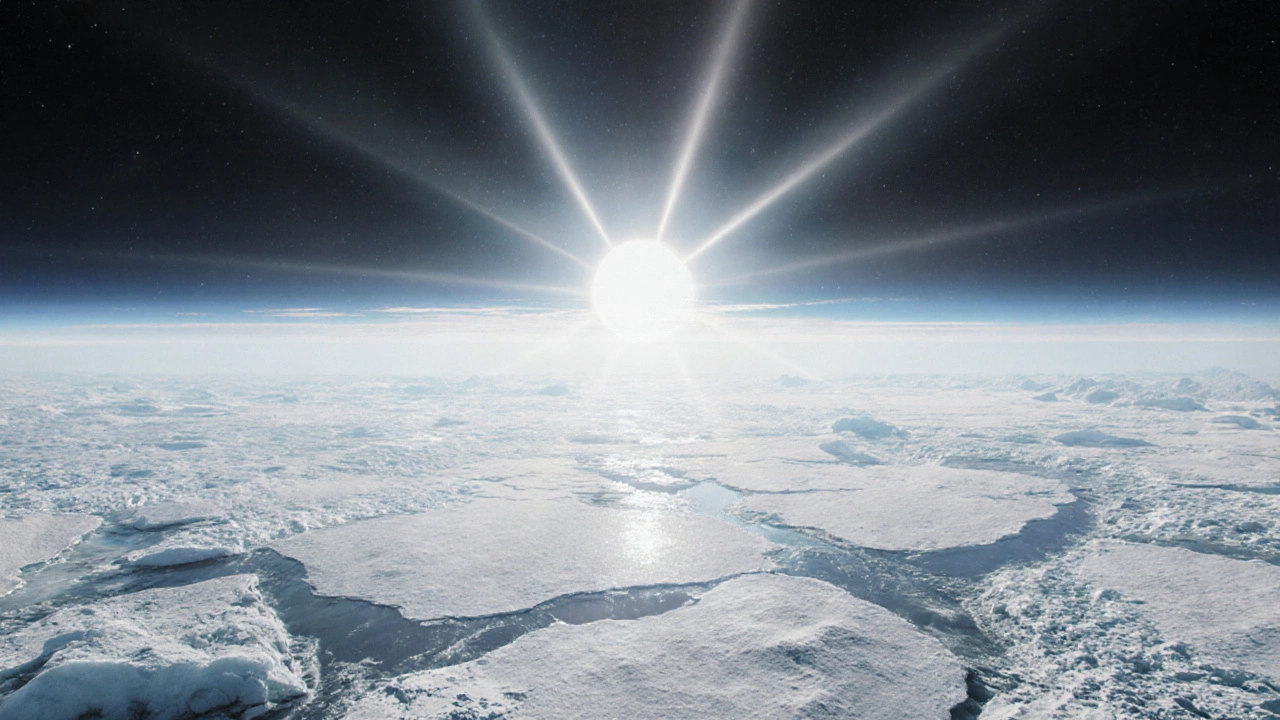Лучи солнца скользят по ледяной пустыне, рассеивая энергию и отражаясь ото льда.