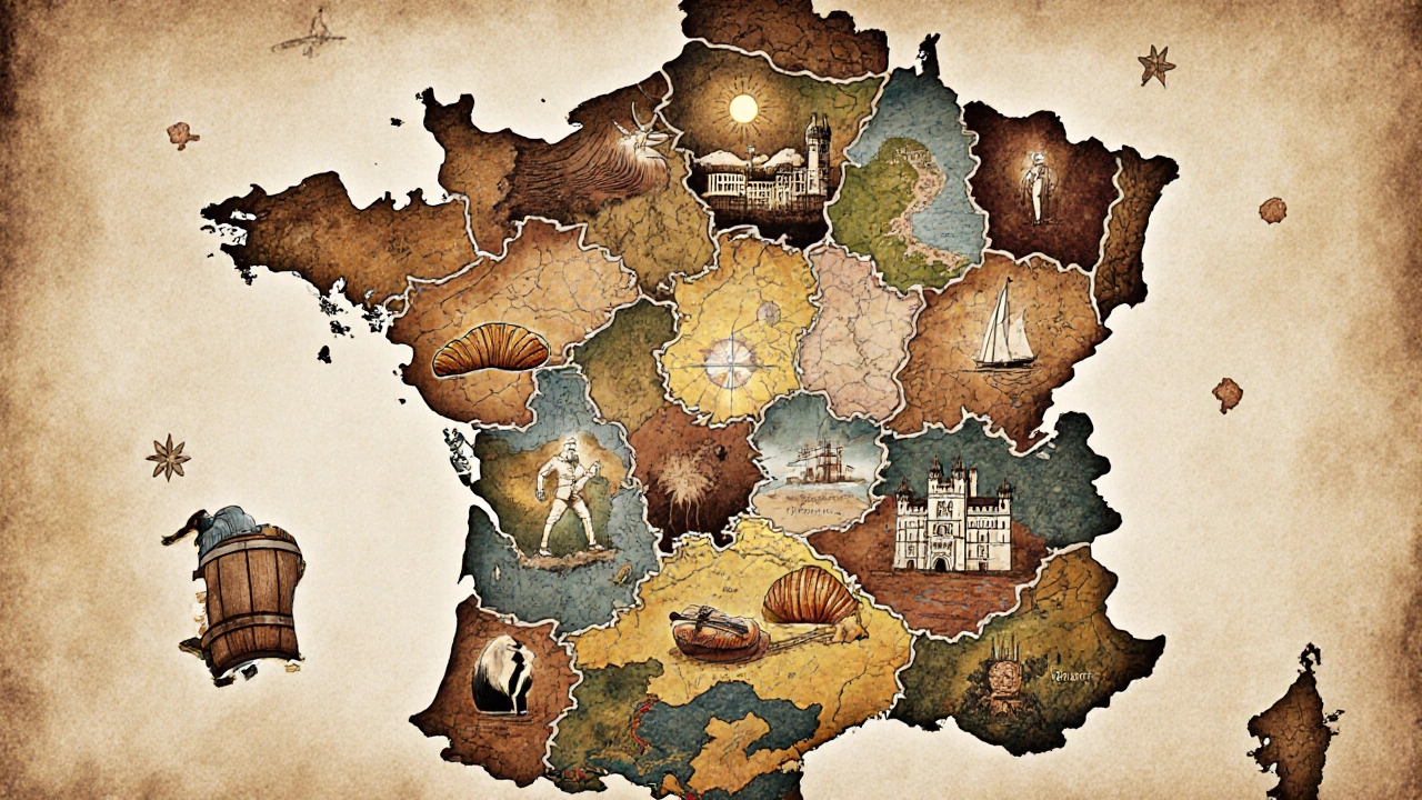 Мозаика Франции с регионами: вино, замок, пляж, круассан, скрипка.