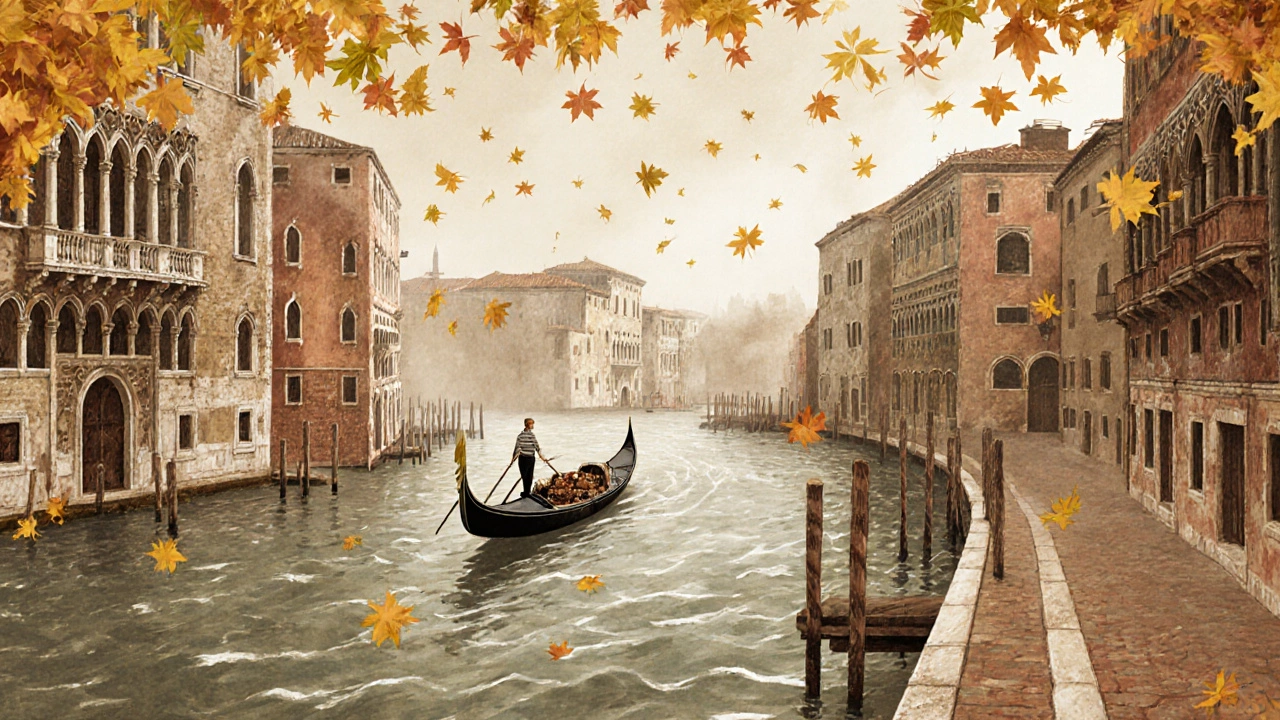 Осенняя Венеция в октябре с золотыми листьями над каналами и без туристов.