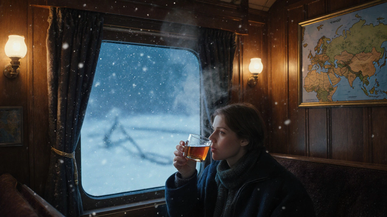 Пассажир пьёт чай в вагоне поезда в Сибири, за окном — падающий снег.