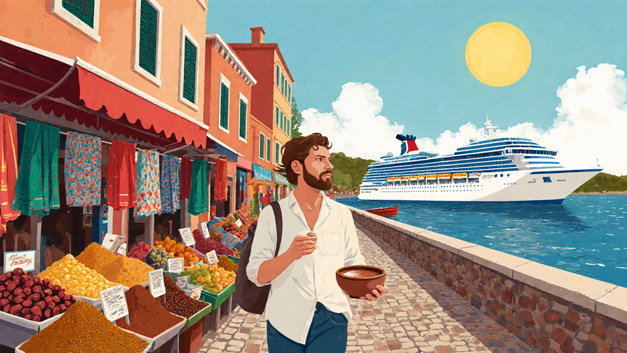 Путешественник покупает керамику на рынке в порту Средиземноморья.