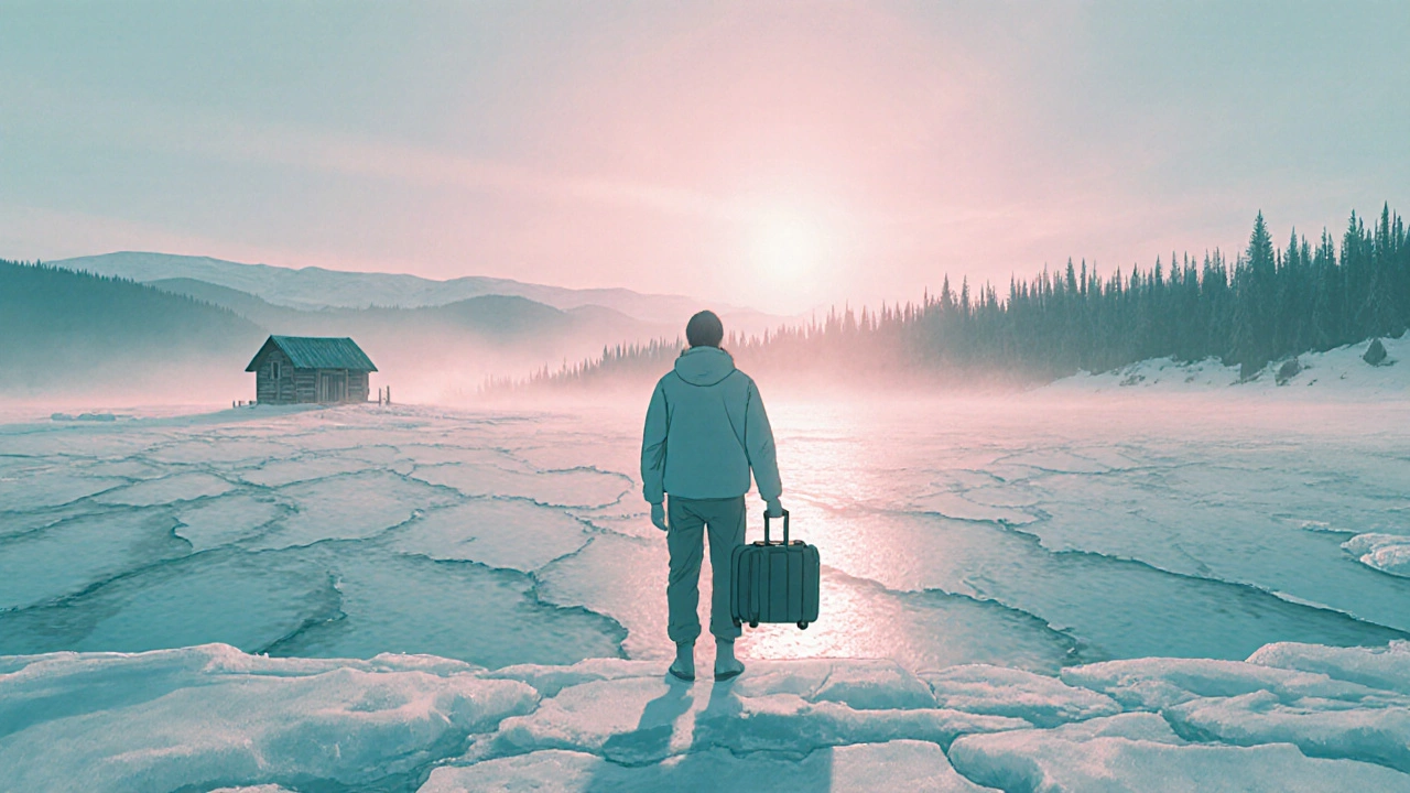 Путешественник у озера Байкал на рассвете, лёд светится, за ним — тайга.