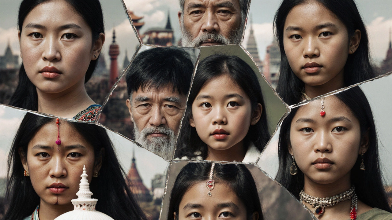 Разбитое зеркало, отражающее десять уникальных лиц представителей разных азиатских народов.