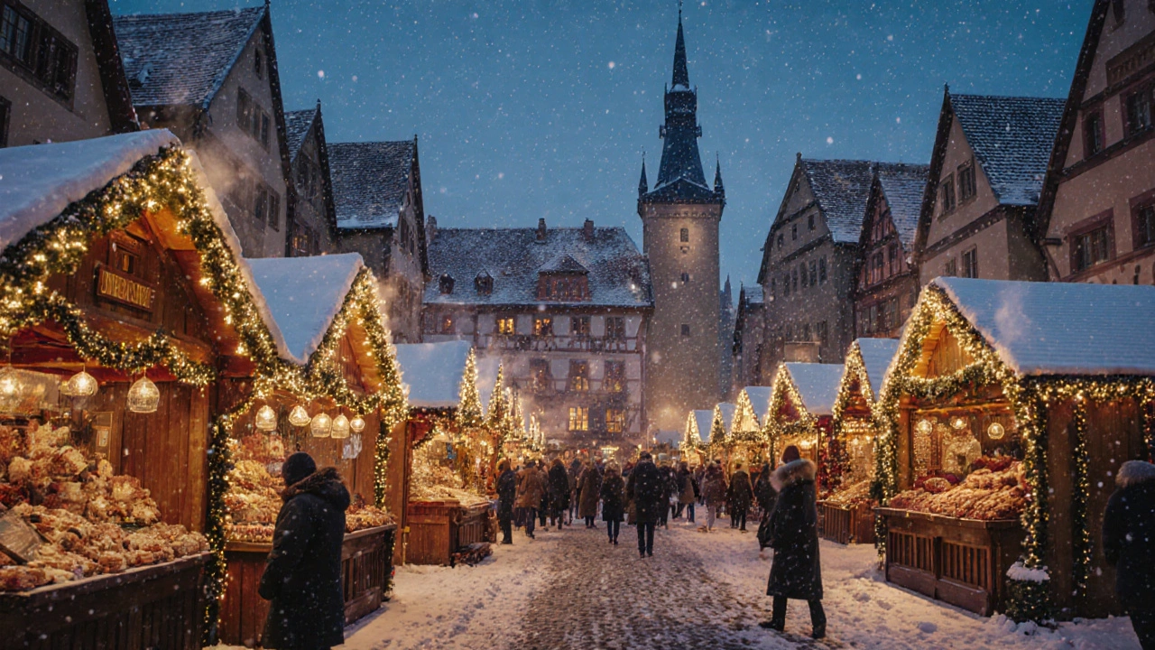 Рождественский рынок в Нюрнберге в декабре с огнями и деревянными лавками.