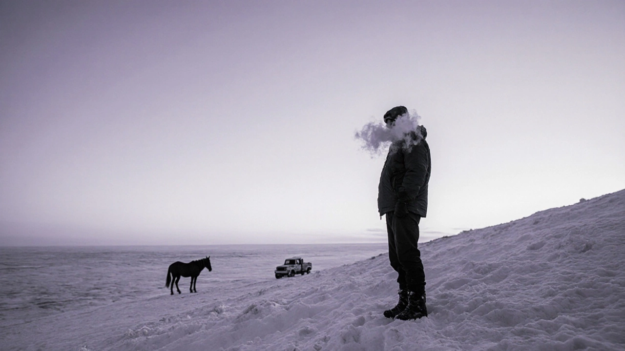 Силуэт путешественника на снежном хребте в Якутии, за ним — замерзший пейзаж и лошадь.