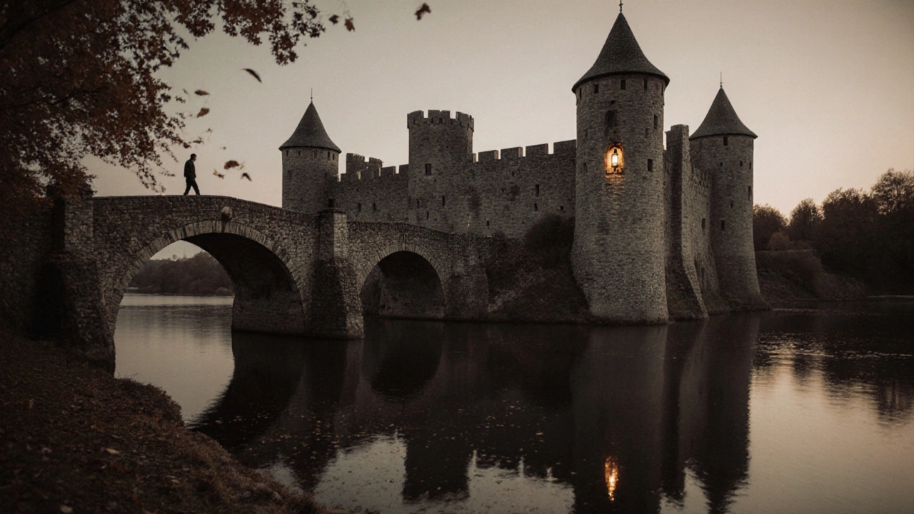 Средневековый замок Каменец-Подольский в Украине, отражение в реке при закате.