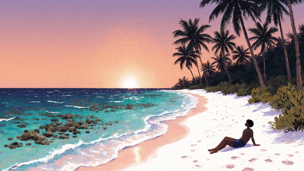 Тропический пляж на закате, белый песок, прозрачная вода и силуэты пальм на фоне неба в пастельных тонах.