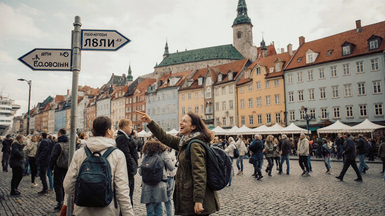 Туристы выходят из круизного судна в старом городе Таллина.