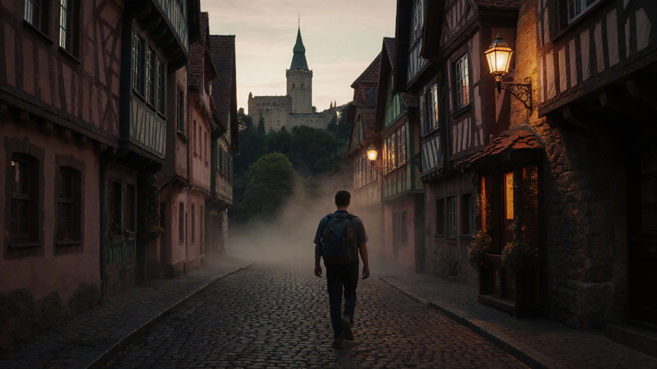 Узкая улочка в Сибиу, Румыния, с средневековыми домами, башней на фоне и путешественником.