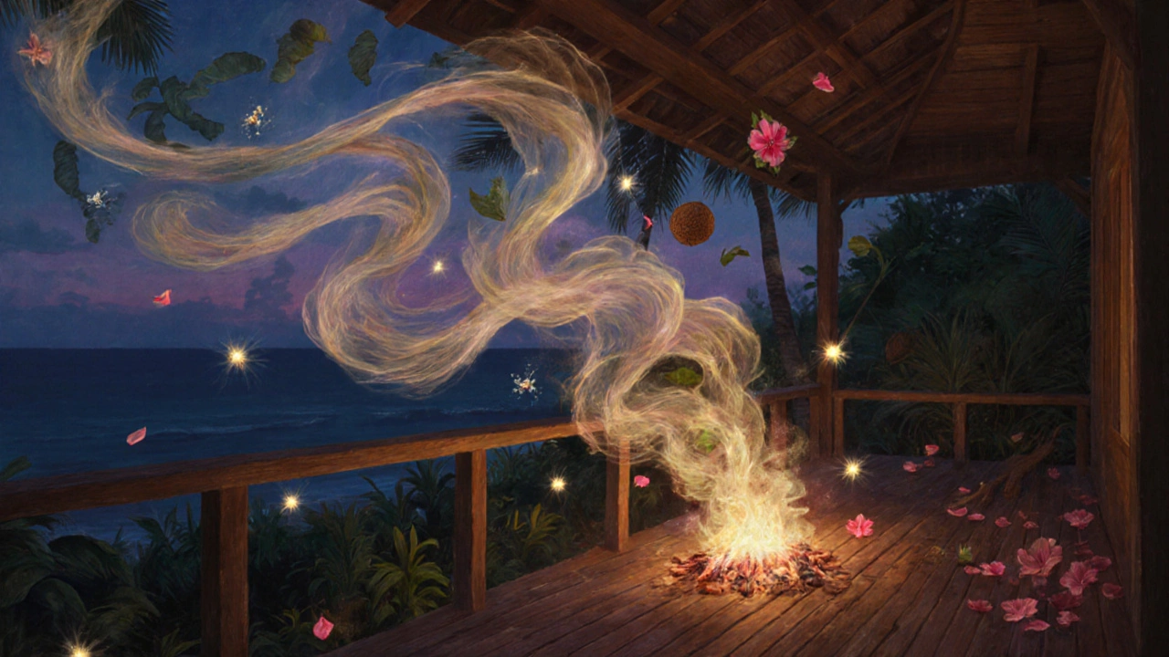 Визуализация ароматов тропического вечера: жасмин, кокос, влажная земля и дым от костра в виде светящихся потоков.