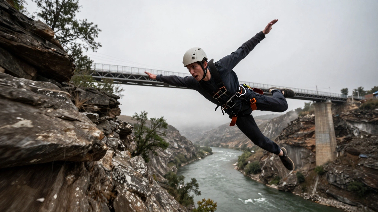 Бейсджампер прыгает с моста через реку Кубань, ветер рвёт одежду, скалы мелькают внизу.