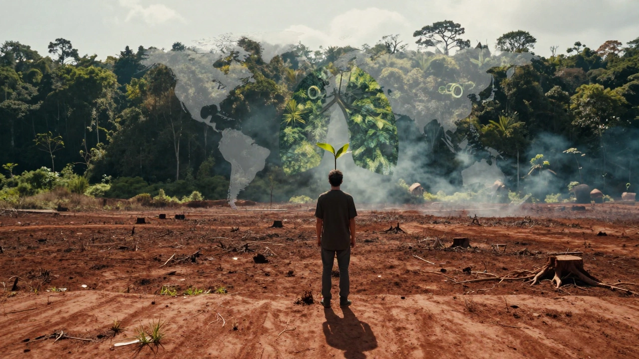 Человек держит саженец на границе вырубленного леса, за ним — живой тропический лес.