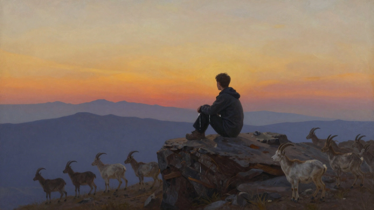 Человек сидит на плато, плачет, рядом проходят горные козлы, небо и горы — как единство.