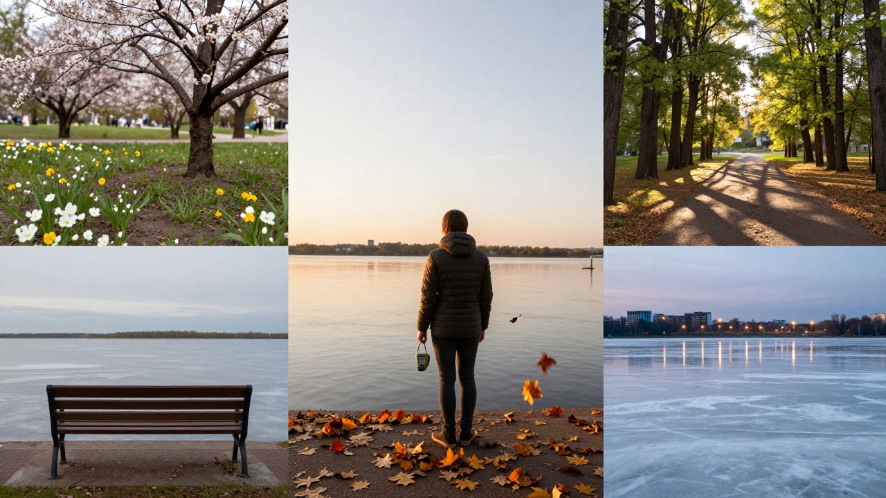 Человек у реки с четырьмя сезонами вокруг, символизирующими год ежедневных прогулок.