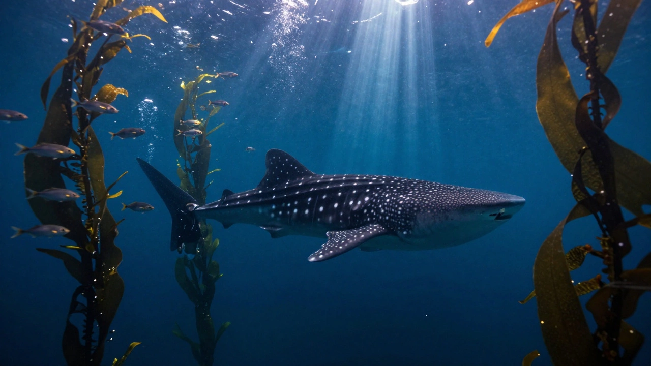 Дайвер плавает с китовой акулой в глубинах Камчатки, солнечные лучи пронзают воду.