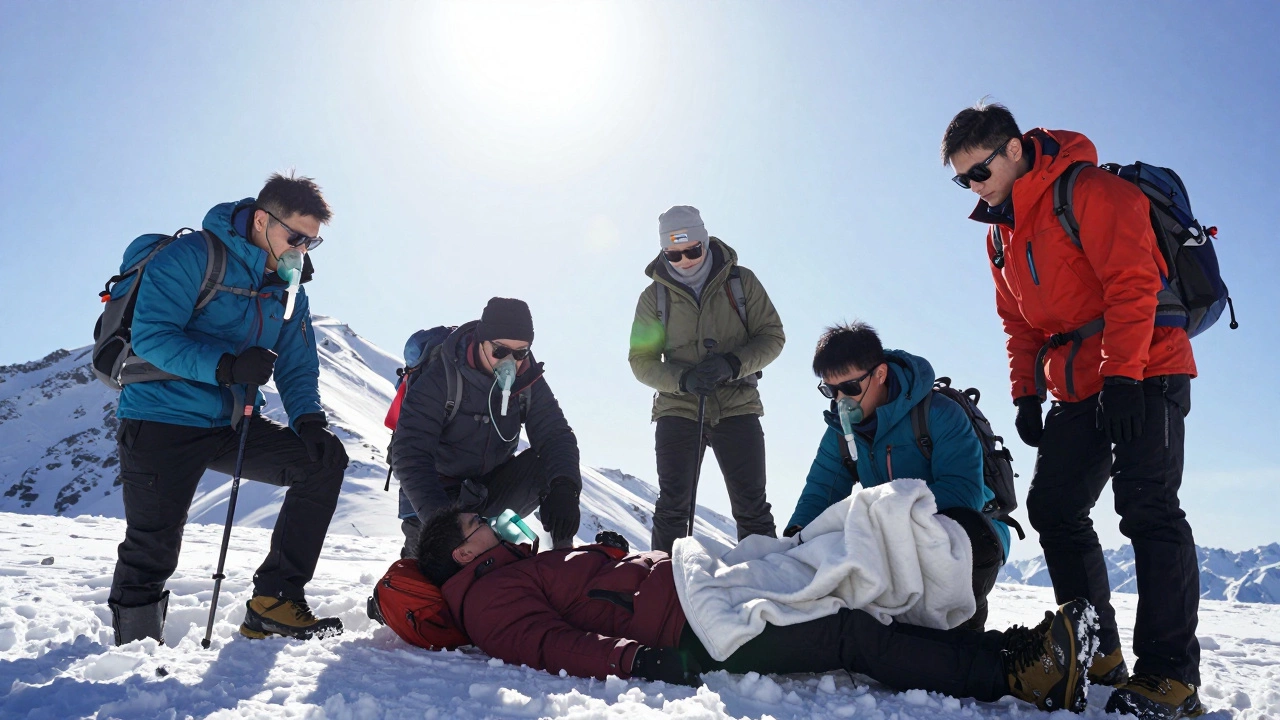 Группа оказывает помощь при горной болезни на высоте