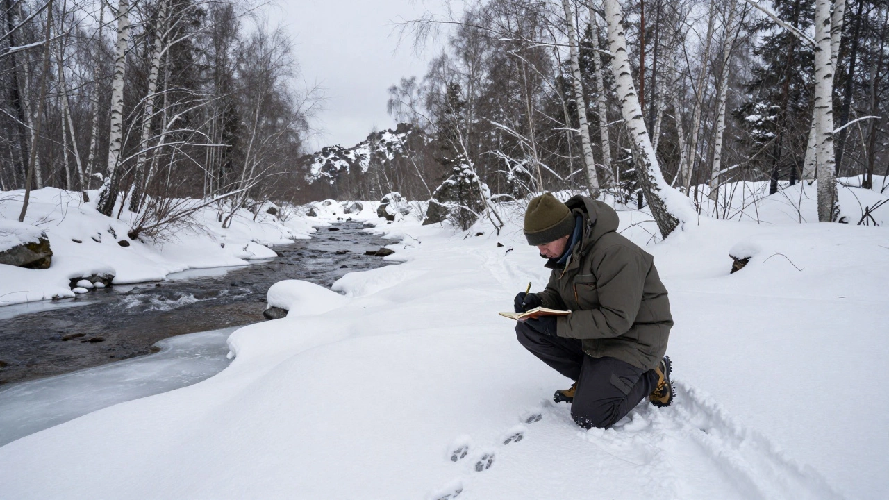 Исследователь записывает следы животных в снежном заповеднике, не используя дроны или технику.