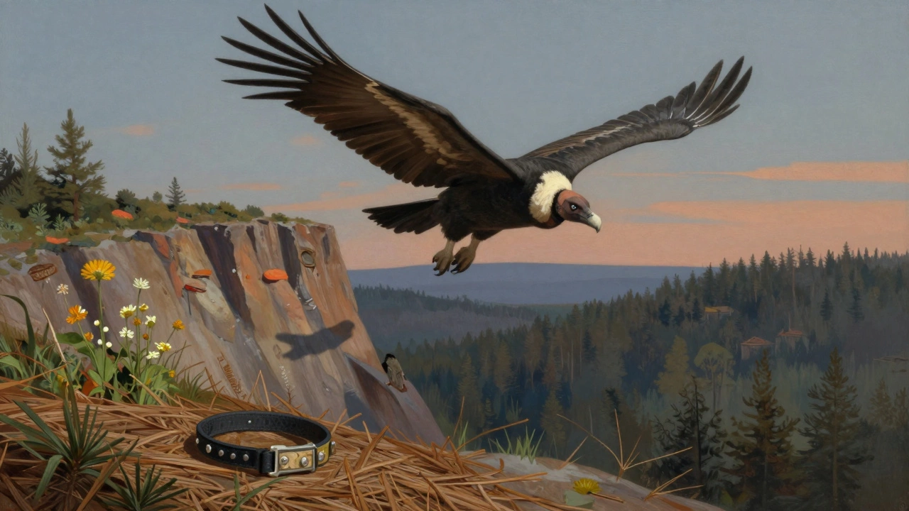 Калифорнийский кондор в полёте над скалой, собачий ошейник на земле внизу.