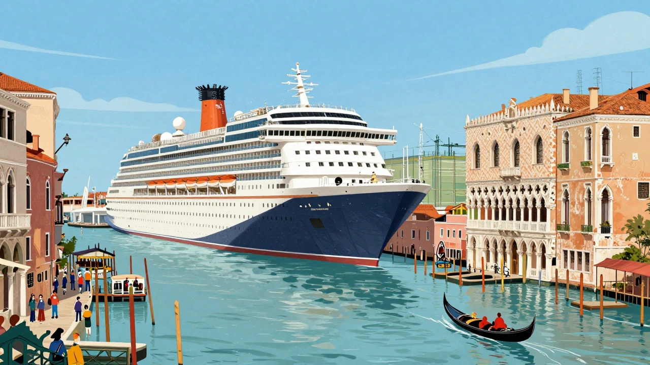 Круизный лайнер в Венеции причаливает рядом с каналами и старинными зданиями, рядом — гондолы и туристы.
