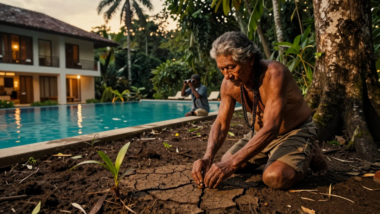 Местный житель сажает семя в истощённую землю, на заднем плане — роскошный отель.