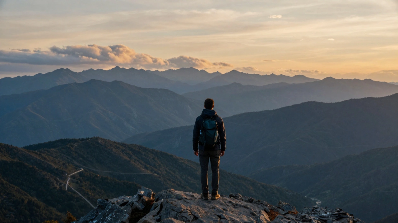 Одинокий человек стоит на смотровой площадке, глядя на горы на закате, символизируя тишину и отключение от цифрового мира.