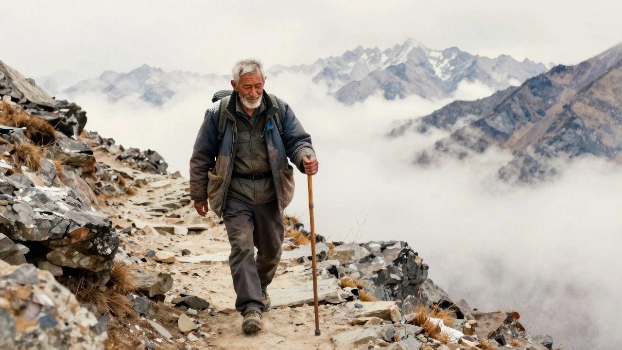 Пожилой мужчина спокойно идет по горной тропе с посохом, снег на плечах, горы вдалеке.