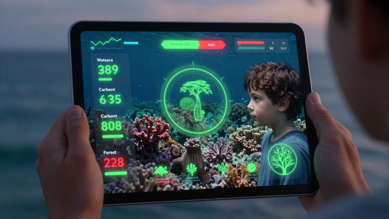 Путешественник смотрит на экран с экоданными, в отражении — ребёнок, фон — гибнущий риф.