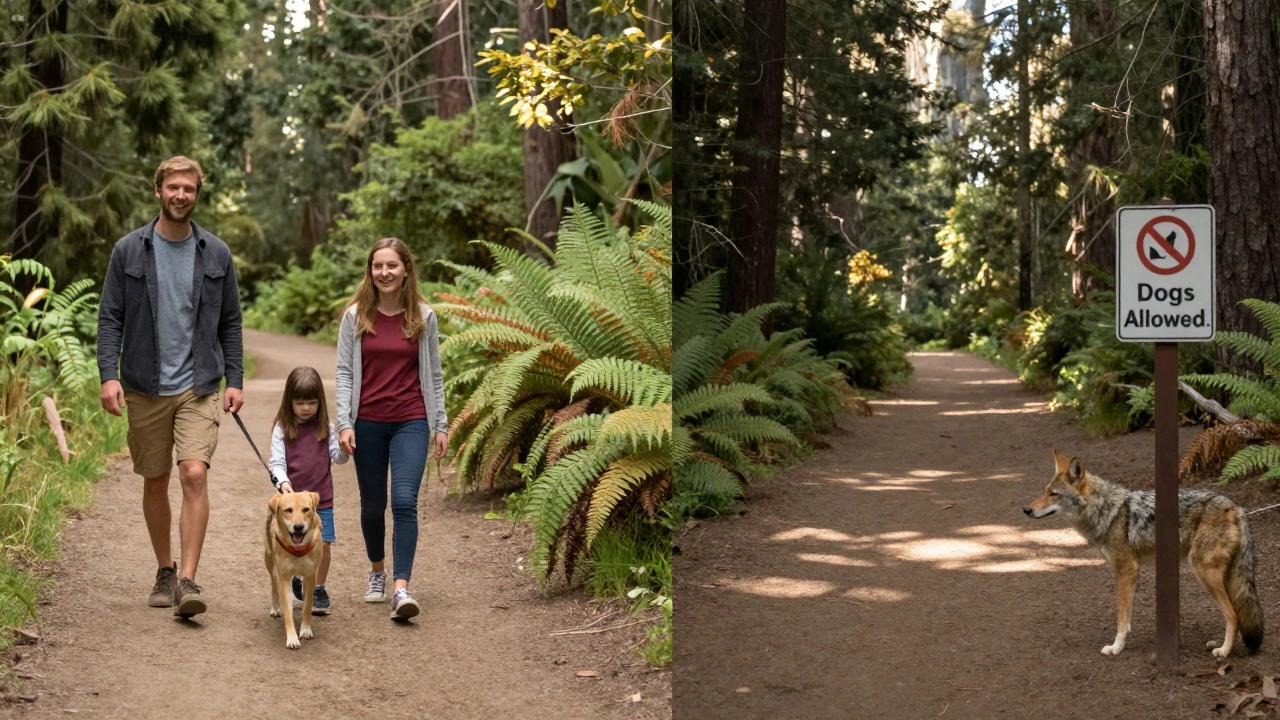 Разделённая сцена: семья с собакой на разрешённой тропе и запретная тропа в Йосемити.