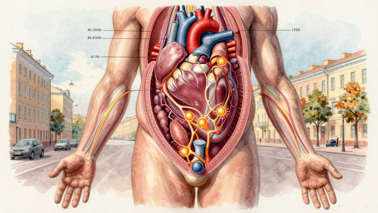 Схематичное изображение тела с внутренними изменениями от ходьбы: сердце, стопы и жировые отложения.