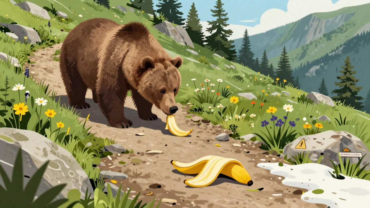 Турист бросает мусор, медведь подходит к обрыву тропы