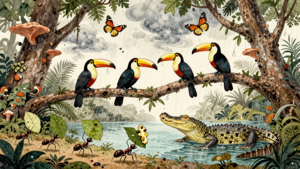 Вертикальная иллюстрация тропической экосистемы: муравьи, птицы, бабочки и грибы на деревьях.