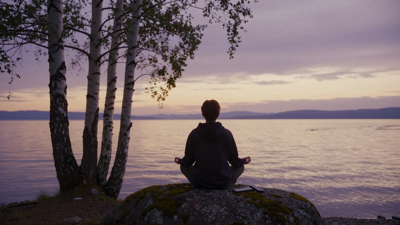 Человек медитирует у Байкала на закате, телефон лежит на мху, вокруг березы и отражение в воде.