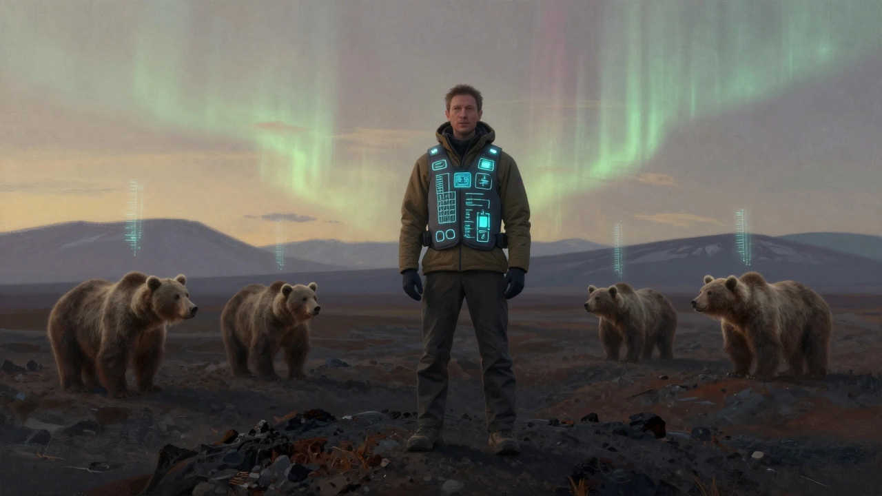 Человек в умном жилете на вулканическом склоне в Камчатке, вокруг — медведи и светящиеся данные.