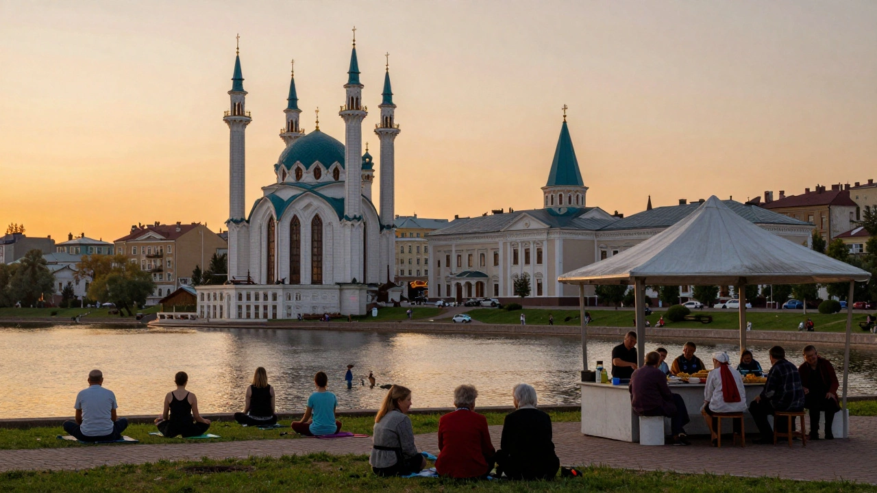 Казань на закате: мечеть и собор рядом, люди занимаются йогой у озера Кабан, дети играют возле общественной кухни.