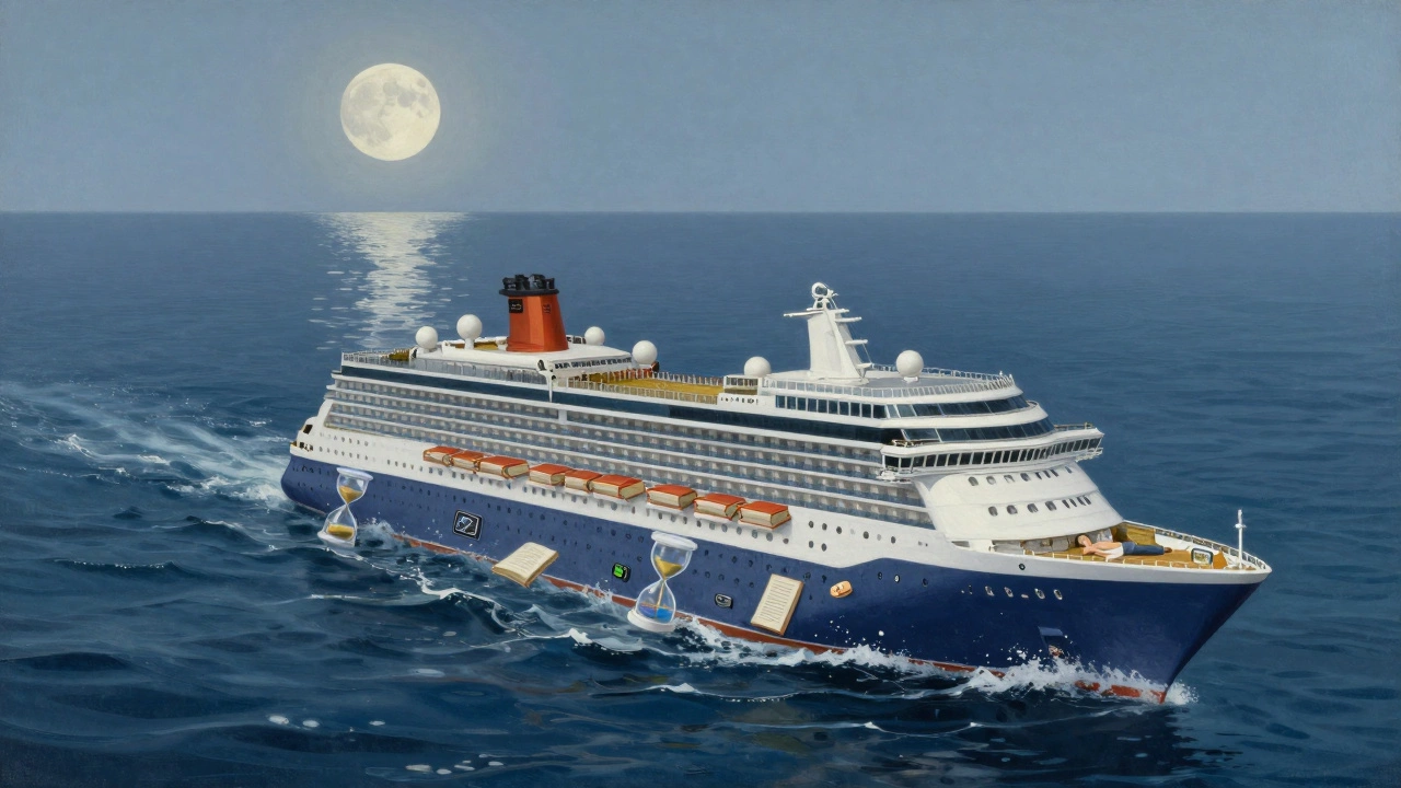 Круизный лайнер плывет по океану, его корпус растворяется в волнах, символизируя освобождение от стресса.