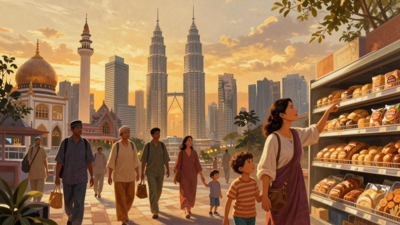 Куала-Лумпур на закате: русская семья смотрит на русский хлеб в супермаркете, вокруг — разные культуры в гармонии.